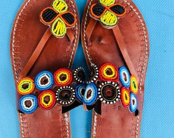 Sandalias de cuero con cuentas Maasai para mujer – Sandalias de gladiador estilo boho africano para verano