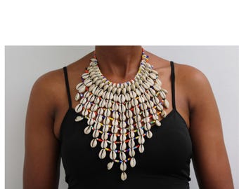 Handmade African Cowrie Shell Necklace, Beaded Ethnic Jewelry, Boho Tribal Statement Necklace for Women