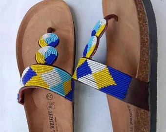 Sandalias africanas de corcho con cuentas - Calzado artesanal masái para mujer - Zapatos de verano para caminar