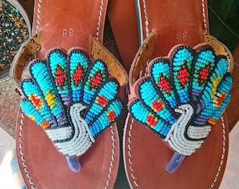 Maasai Beaded Leather Sandals for Women – African Boho Gladiator Summer Sandals