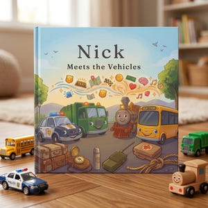 May include: A hardback children's book titled Nick Meets the Vehicles, featuring a colourful illustration of a police car, refuse truck, steam train, and school bus, surrounded by various small icons like a taxi sign, map, and compass.