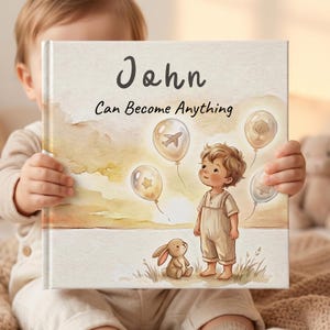 Könnte beinhalten: Ein gebundenes Kinderbuch mit cremefarbenem Einband und dem Text John Can Become Anything. Die Illustration zeigt ein kleines Kind, das neben einem Häschen steht, umgeben von schwebenden Luftballons mit Flugzeug-, Stern- und Baumsymbolen.