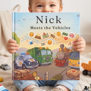 Puede incluir: Un niño sostiene un libro titulado "Nick Meets the Vehicles". La portada presenta un coche de policía, un camión verde, un tren y un autobús amarillo. La portada del libro tiene un fondo de cielo azul con varios iconos ilustrados.
