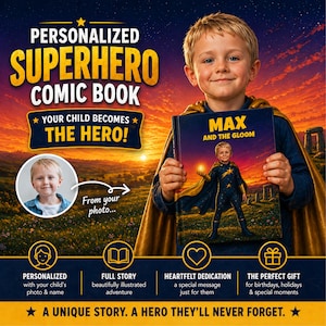 Pode incluir: Um menino com uma capa de super-herói segura uma história em quadrinhos personalizada intitulada "MAX and the Gloom". O livro apresenta o menino como um super-herói. A imagem inclui o texto: "PERSONALIZED SUPERHERO COMIC BOOK" e "YOUR CHILD BECOMES THE HERO!"