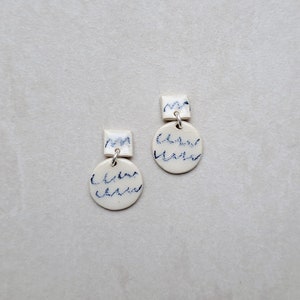 Doodle Pattern, scribble pattern, white porcelain geometric dangle earrings, geometric earrings, blue pencil drawing on porcelain image 1