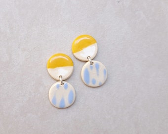 Mustard yellow and light blue porcelain geometric summer dangle earrings, geometric earrings, statement jewelry