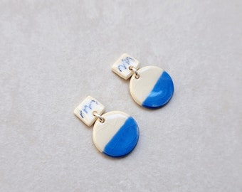 White and blue porcelain geometric summer dangle earrings, geometric earrings, statement jewelry