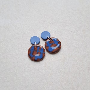 Cobalt blue and chocolate brown hand painted porcelain geometric dangle earrings, geometric earrings, blue earrings, brown earrings image 1