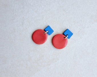 red and cobalt blue porcelain geometric dangle earrings, geometric earrings, blue earrings, red statement jewelry