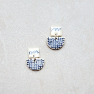 Checkered Pattern, gridded pattern, white porcelain geometric dangle earrings with handmade blue underglaze pencil drawing image 1