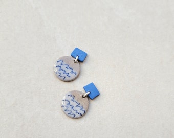 Doodle Pattern, scribble pattern,gray and blue porcelain geometric dangle earrings, geometric earrings, blue pencil drawing on porcelain