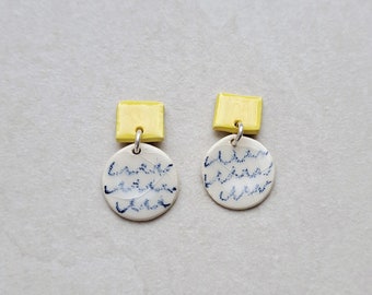 yellow and white porcelain geometric summer dangle earrings, geometric earrings, yellow earrings, statement jewelry