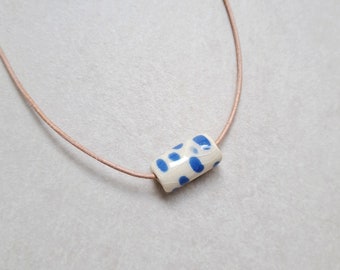 Porcelain necklace, white and coblat blue porcelain tube, handpainting on porcelain