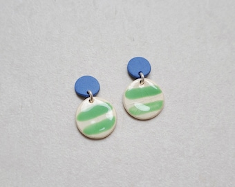 bright green and cobalt blue handpainted porcelain geometric dangle earrings, geometric earrings, blue and green earrings