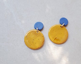 Cobalt blue and mustard yellow porcelain geometric summer dangle earrings, geometric earrings, blue earrings, statement jewelry