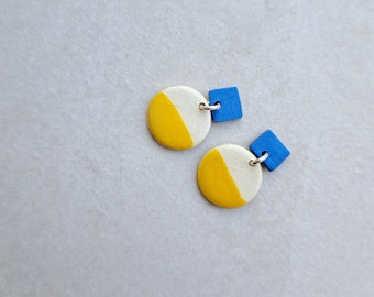 mustard yellow and cobalt blue porcelain geometric dangle earrings, geometric earrings, blue earrings, yellow statement jewelry