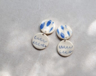 white and blue porcelain geometric summer dangle earrings, geometric earrings, statement jewelry