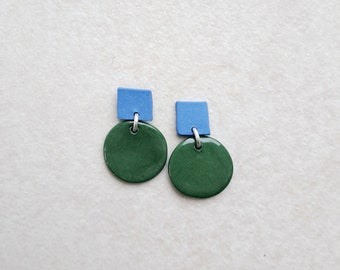 Cobalt blue and green porcelain geometric dangle earrings, geometric earrings, blue earrings, statement jewelry