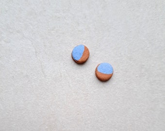 Small dot red clay with blue paint, matt ceramic stud earrings