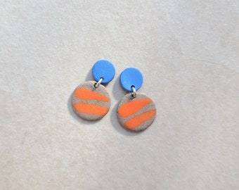 Cobalt blue and orange porcelain geometric summer dangle earrings, geometric earrings, orange earrings, statement jewelry