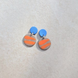 Cobalt blue and orange porcelain geometric summer dangle earrings, geometric earrings, orange earrings, statement jewelry image 1