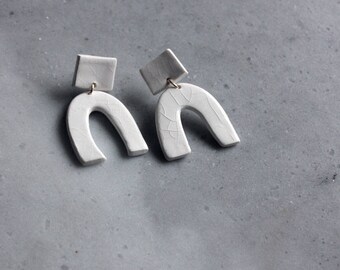 White Porcelain geometric dangle earrings, geometric earrings, white curve earrings, statement jewelry, statement earrings