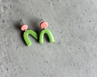 Green and pink porcelain geometric dangle earrings, geometric earrings, green and pink curve earrings, statement jewelry