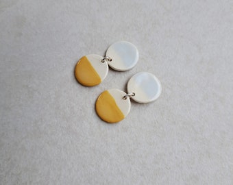 Mustard yellow and white porcelain geometric summer dangle earrings, geometric earrings, statement jewelry