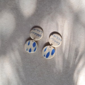 white and blue porcelain geometric summer dangle earrings, geometric earrings, statement jewelry image 3