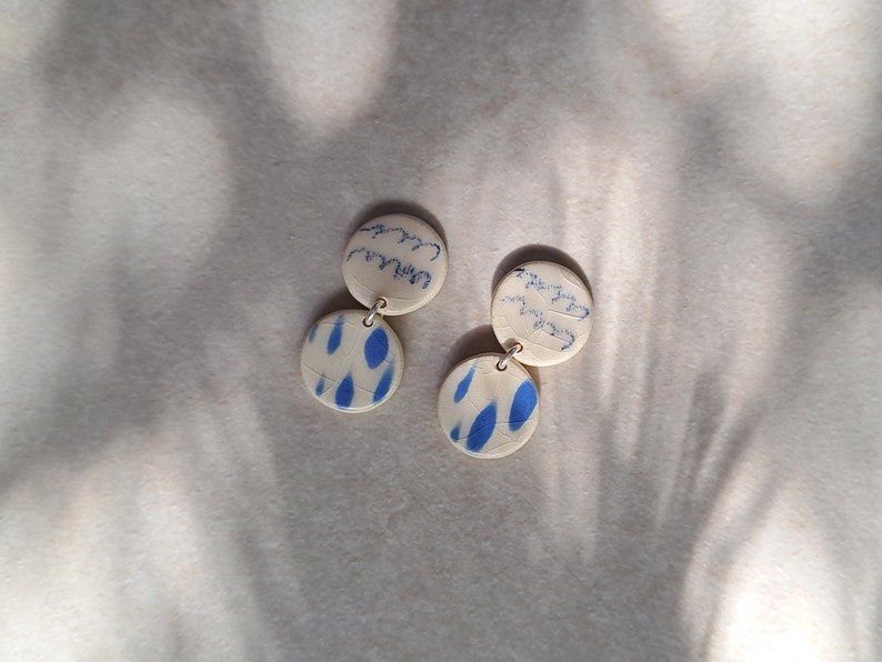 white and blue porcelain geometric summer dangle earrings, geometric earrings, statement jewelry image 3