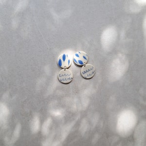 white and blue porcelain geometric summer dangle earrings, geometric earrings, statement jewelry image 2