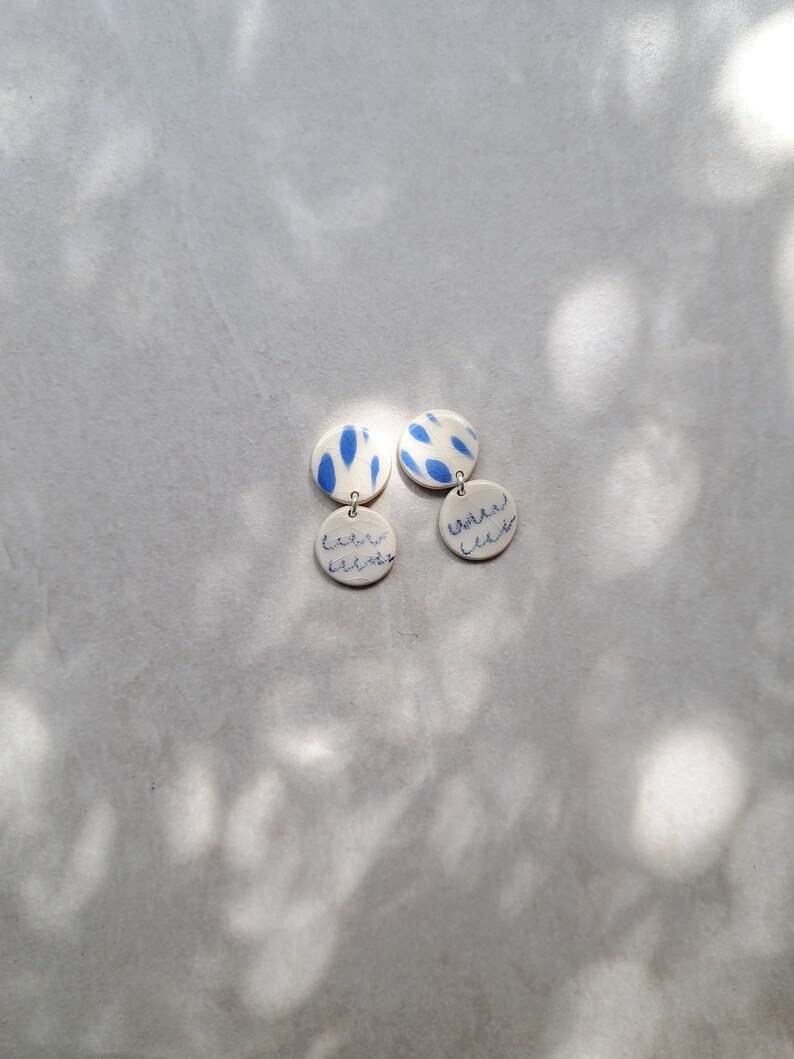 white and blue porcelain geometric summer dangle earrings, geometric earrings, statement jewelry image 2