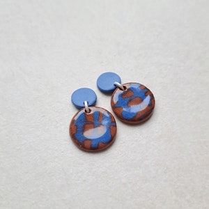 Cobalt blue and chocolate brown hand painted porcelain geometric dangle earrings, geometric earrings, blue earrings, brown earrings image 3