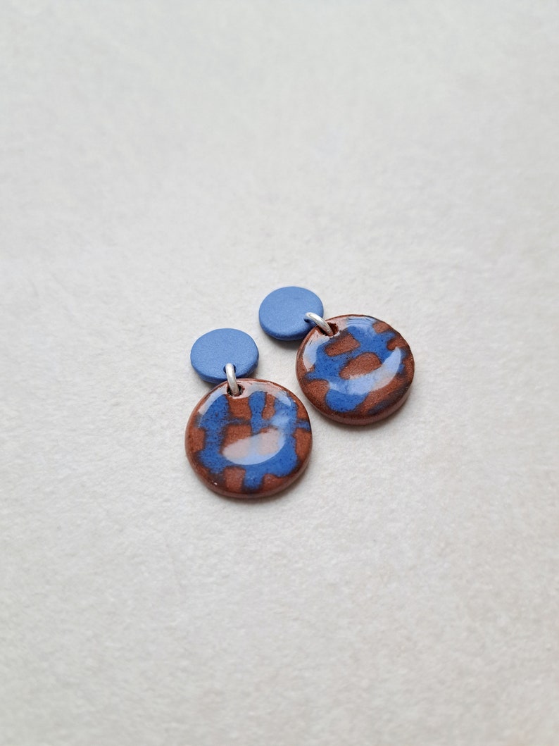 Cobalt blue and chocolate brown hand painted porcelain geometric dangle earrings, geometric earrings, blue earrings, brown earrings image 3