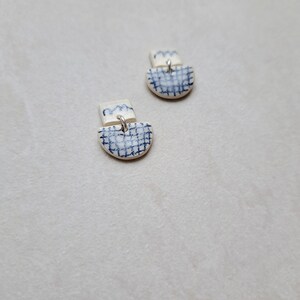 Checkered Pattern, gridded pattern, white porcelain geometric dangle earrings with handmade blue underglaze pencil drawing image 2