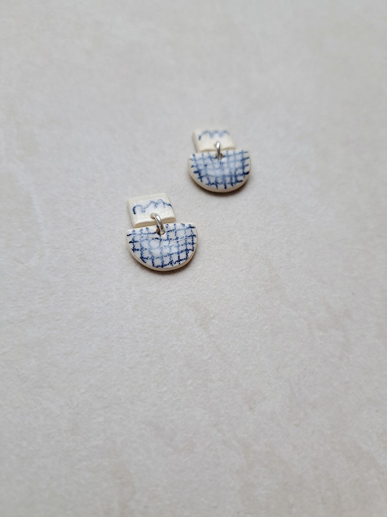 Checkered Pattern, gridded pattern, white porcelain geometric dangle earrings with handmade blue underglaze pencil drawing image 2