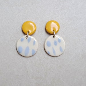 Lightblue and mustard yellow handpainted porcelain geometric dangle earrings, geometric earrings, blue earrings