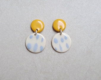 Lightblue and mustard yellow handpainted porcelain geometric dangle earrings, geometric earrings, blue earrings