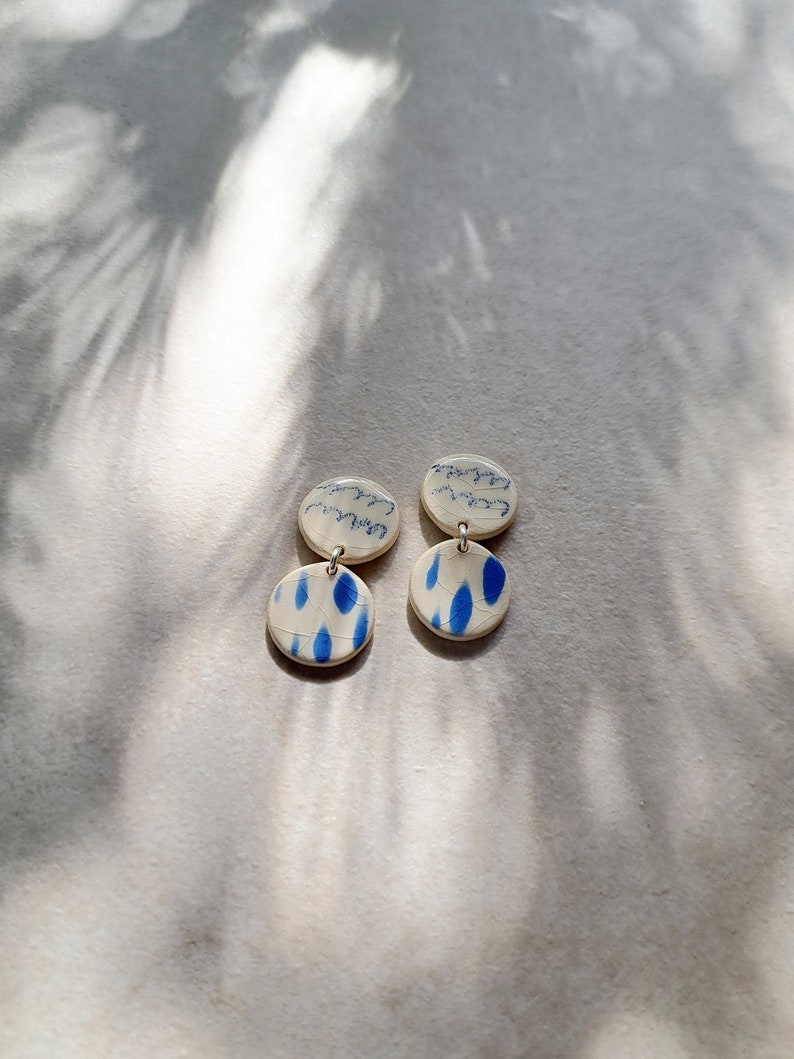 white and blue porcelain geometric summer dangle earrings, geometric earrings, statement jewelry image 4