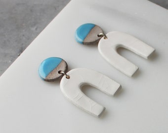 White and light blue porcelain geometric dangle earrings, geometric earrings, white curve earrings, statement jewelry, statement earrings