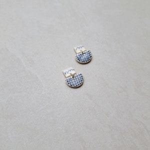 Checkered Pattern, gridded pattern, white porcelain geometric dangle earrings with handmade blue underglaze pencil drawing image 4