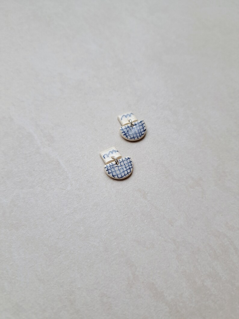 Checkered Pattern, gridded pattern, white porcelain geometric dangle earrings with handmade blue underglaze pencil drawing image 4