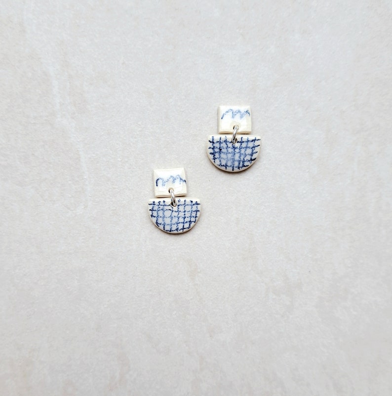 Checkered Pattern, gridded pattern, white porcelain geometric dangle earrings with handmade blue underglaze pencil drawing image 1
