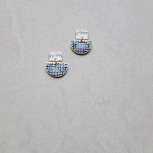 Checkered Pattern, gridded pattern, white porcelain geometric dangle earrings with handmade blue underglaze pencil drawing image 3