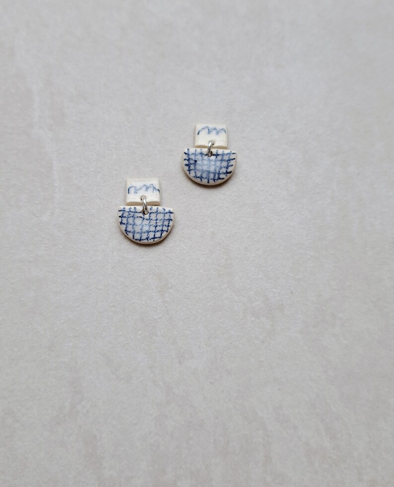 Checkered Pattern, gridded pattern, white porcelain geometric dangle earrings with handmade blue underglaze pencil drawing image 3