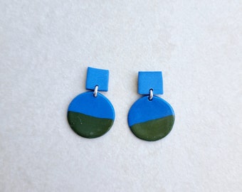 Cobalt blue and green porcelain geometric dangle earrings, geometric earrings, blue earrings, statement jewelry