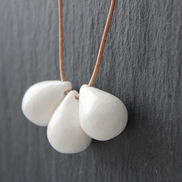 Handmade ceramic drop beads, white pendant necklace