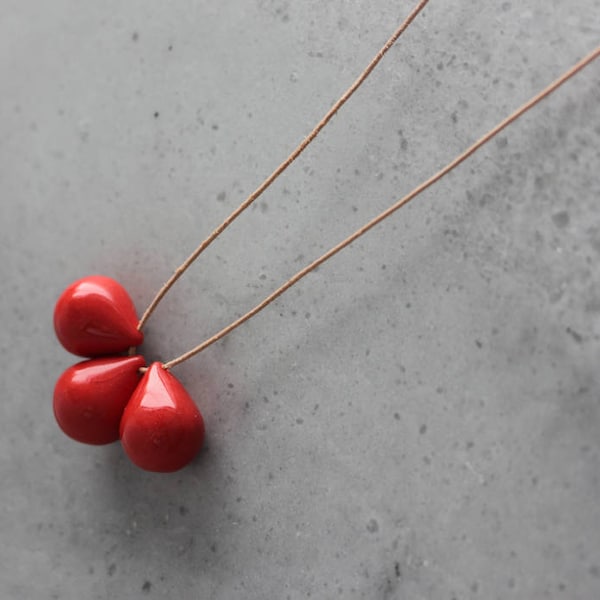 Handmade ceramic drop beads, red pendant necklace, long necklace