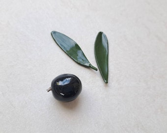 Black olive ceramic handmade, 3 Olive + 1 leaf
