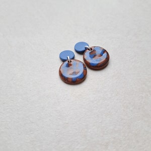 Cobalt blue and chocolate brown hand painted porcelain geometric dangle earrings, geometric earrings, blue earrings, brown earrings image 2